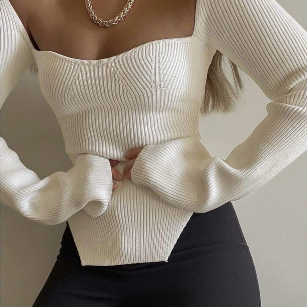 Commense Off-Shoulder White Ribbed Sweater
